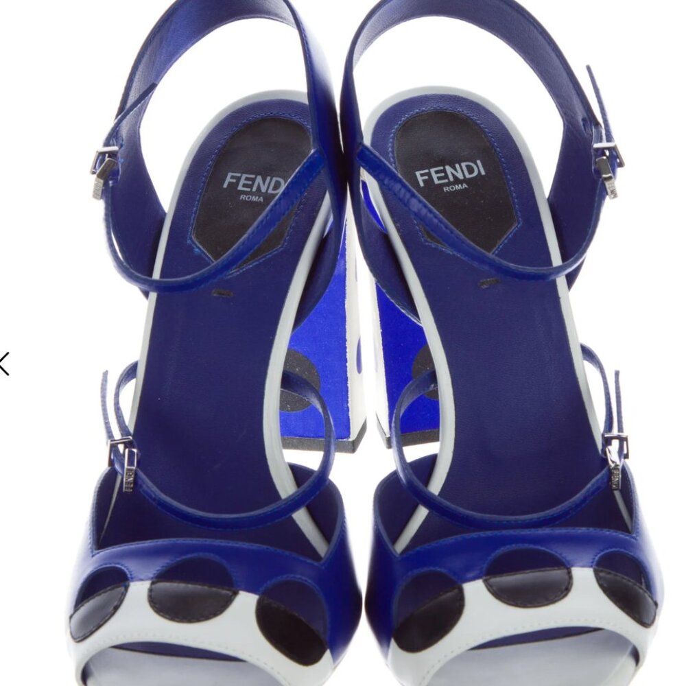 NWOT Fendi Blue and White Polka Dot Block Heel Sandal - Picture 3 of 5